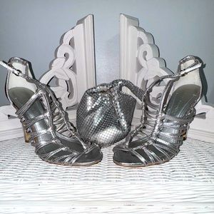 BCBG “Peetie” silver strappy 4 1/2 inch heels